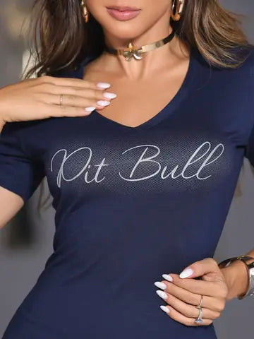 VESTIDO T-SHIRT FEMININO COM DECOTE V COM ESTAMPA ESTILOSA PIT BULL Ref: 85294