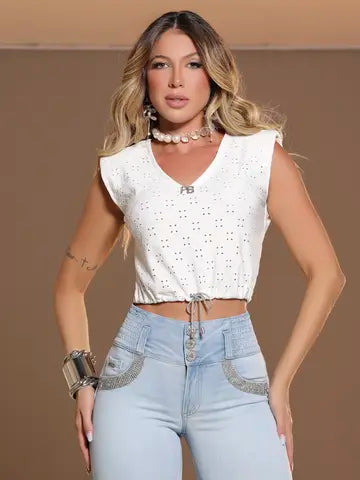 Cropped Elegante Pit Bull Jeans com Acabamento Refinado e Cordão de Strass Ref: 87712