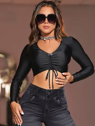 CROPPED MANGA LONGA PIT BULL JEANS COM DETALHES FASHION E DECOTE V Ref: 85041