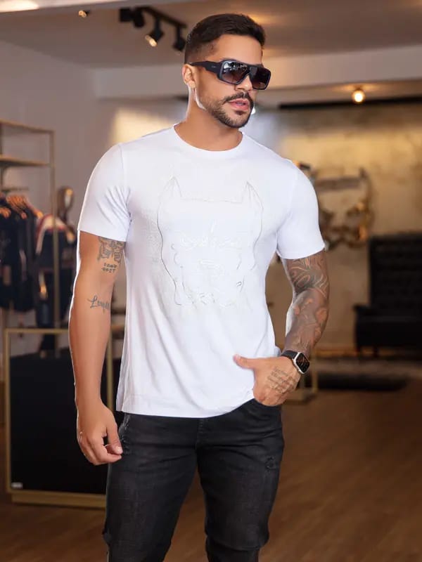 CAMISETA MASCULINA ESTAMPA PIT BULL OUSADIA GOLA O E MODERNA Ref: 84332