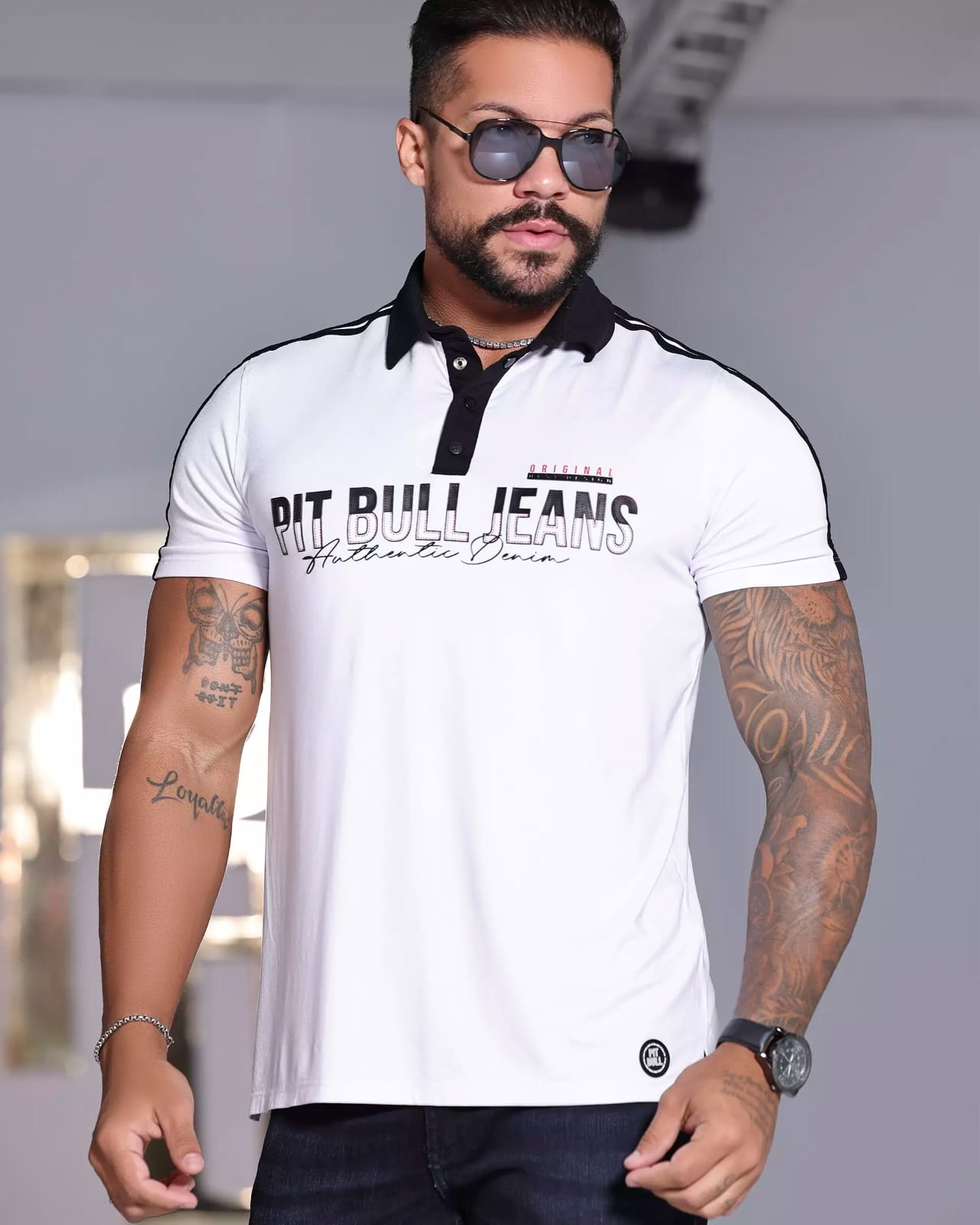 POLO MASCULINA AUTÊNTICA COM ESTAMPA PERSONALIZADA PIT BULL JEANS Ref: 85205
