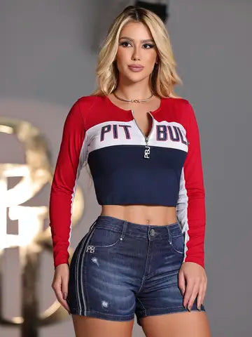 CROPPED MANGA LONGA COM RELEVO PIT BULL JEANS CONFORTÁVEL E SOFISTICADO Ref: 83291