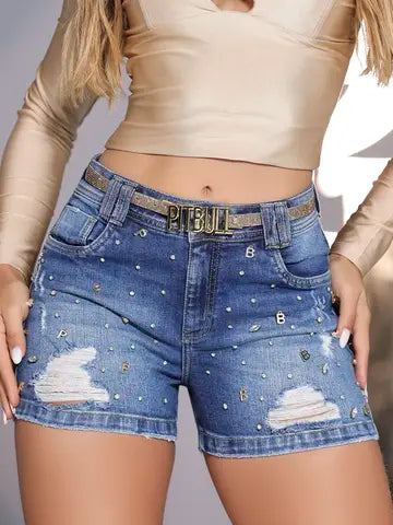SHORT SOLTINHO PIT BULL JEANS COM CINTO PERSONALIZADO E PEDRARIAS Ref: 86913