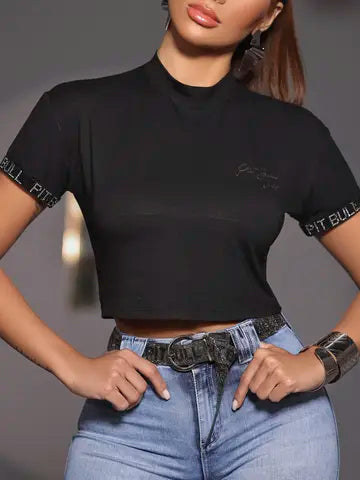 CROPPED ESTILOSO PIT BULL JEANS COM GOLA ALTA E DETALHES BRILHANTES Ref: 86055