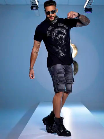 CAMISETA MASCULINA PRETA EXCLUSIVA COM ATITUDE NA ESTAMPA PIT BULL Ref: 85157