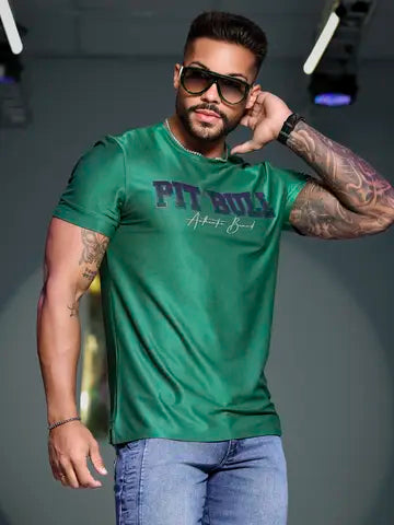 CAMISETA MASCULINA VERDE PIT BULL AUTÊNTICA E CONFORTÁVEL Ref: 85517