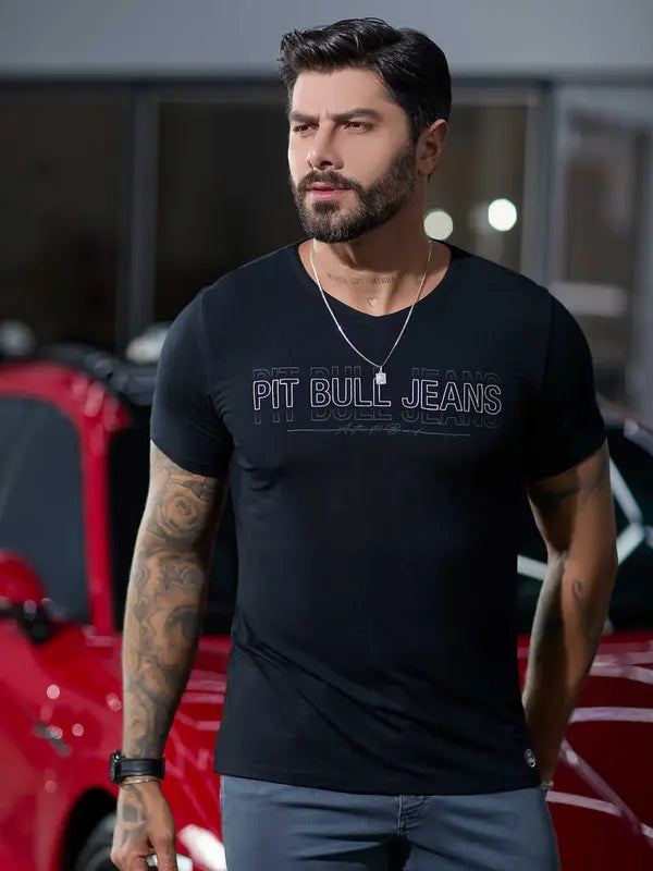 CAMISETA GOLA V MASCULINA PRETA PIT BULL JEANS Ref: 82442