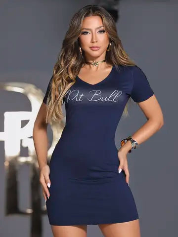 VESTIDO T-SHIRT FEMININO COM DECOTE V COM ESTAMPA ESTILOSA PIT BULL Ref: 85294