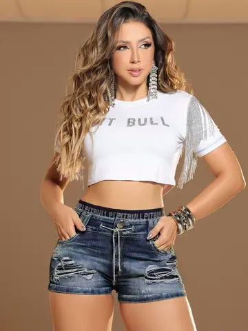 Short Soltinho Sofisticado com Cordão de Strass e Elástico no Cós Pit Bull Jeans Ref: 87773