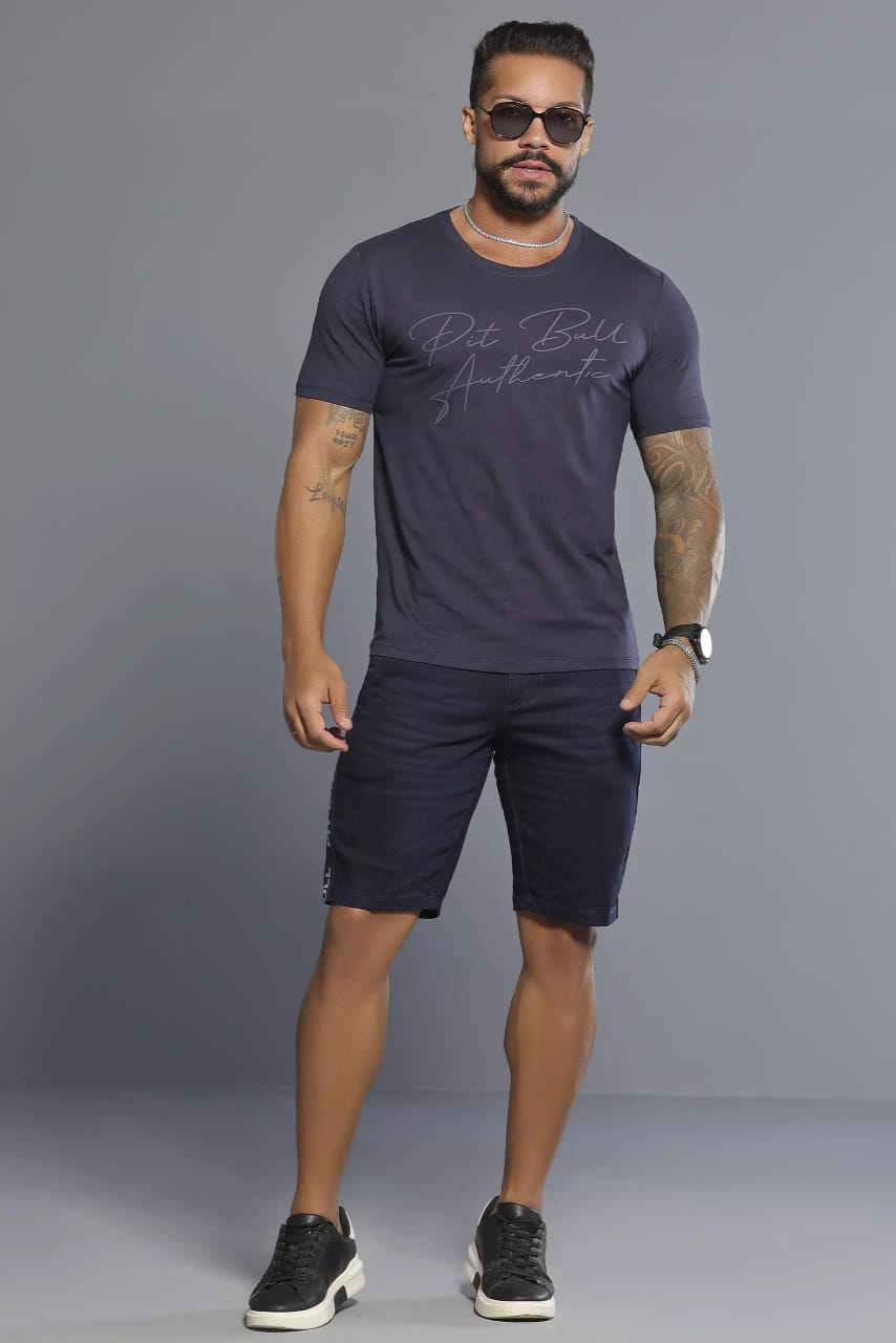 BERMUDA MASCULINA COM ELÁSTICO LATERAL PERSONALIZADO PIT BULL JEANS Ref: 84644