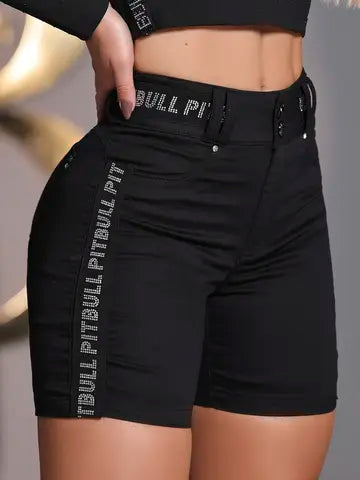 BERMUDA MEIA COXA PRETA COM ELÁSTICO CRISTAL E MODELAGEM AJUSTADA PIT BULL JEANS Ref: 86191