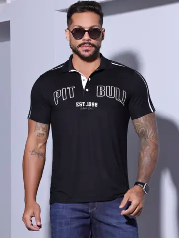 CAMISA POLO MASCULINA COM ESCRITA PIT BULL CASUAL E MODERNA Ref: 84253