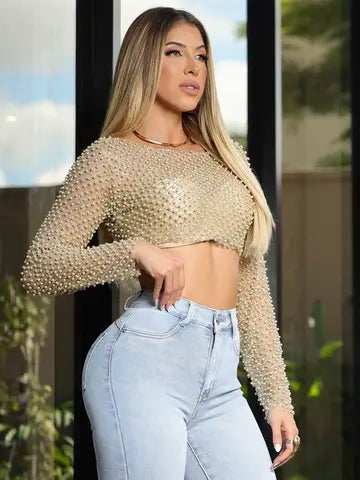 CROPPED CONCEITO ATRAENTE COM BRILHO E MANGA LONGA PIT BULL JEANS Ref: 83017