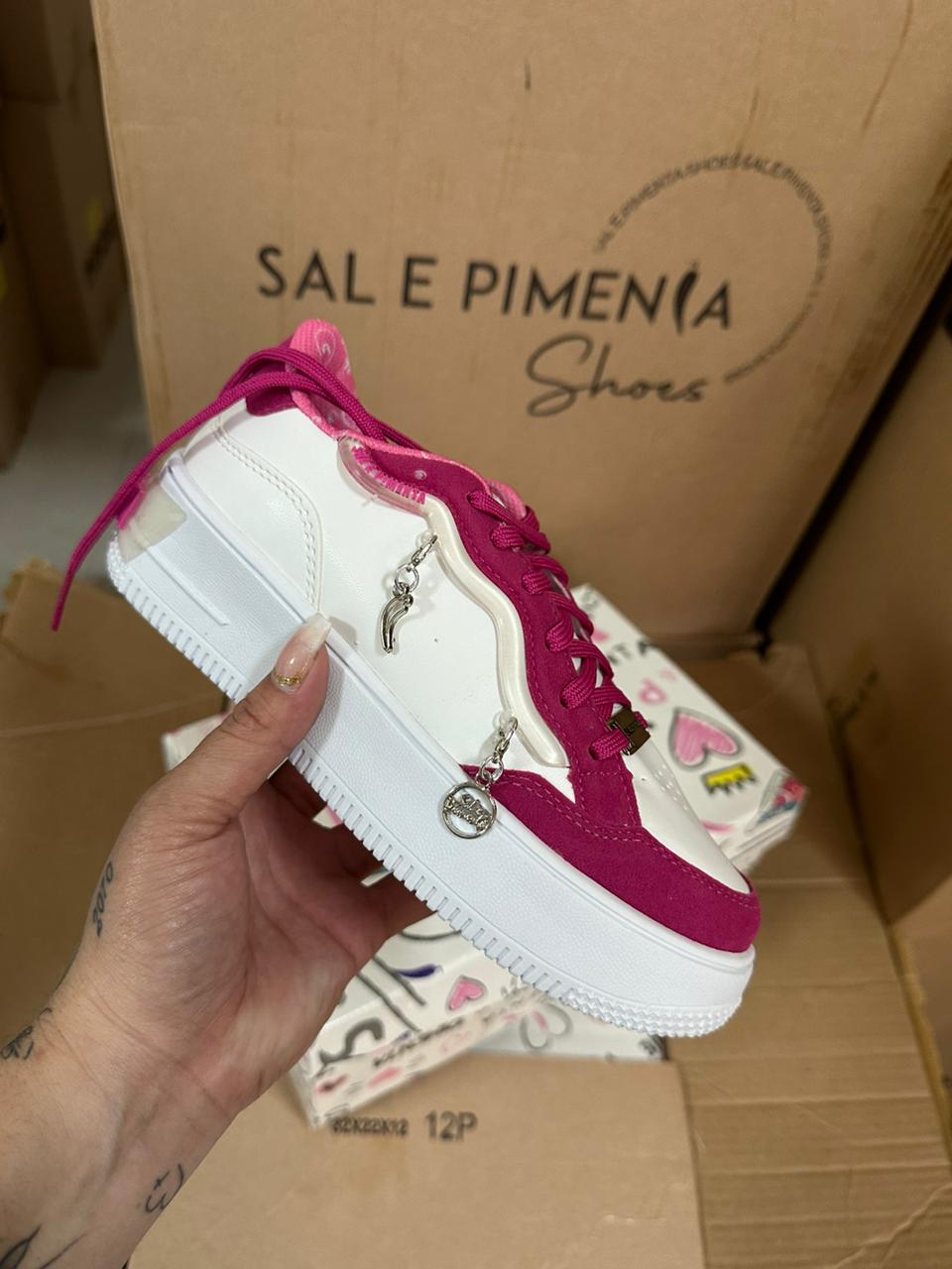 Tênis Feminino Sal e Pimenta Branco / Rosa Ref SPS00050BR