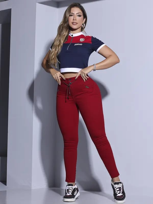 CALÇA FEMININA VERMELHA CINTURA ALTA PIT BULL JEANS ESTILOSA COM CORDÃO Ref: 84869