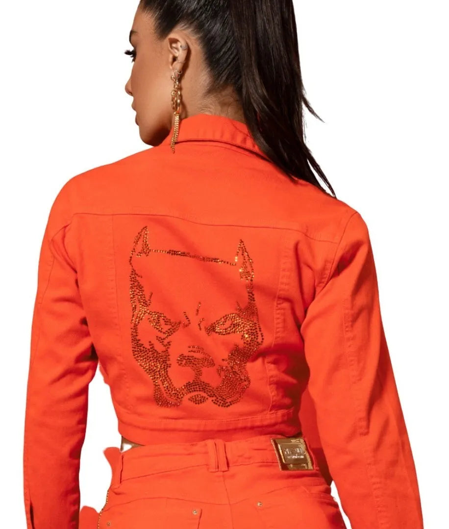 Jaqueta Feminina Laranja Estampa Pit Bull Exclusiva 62228