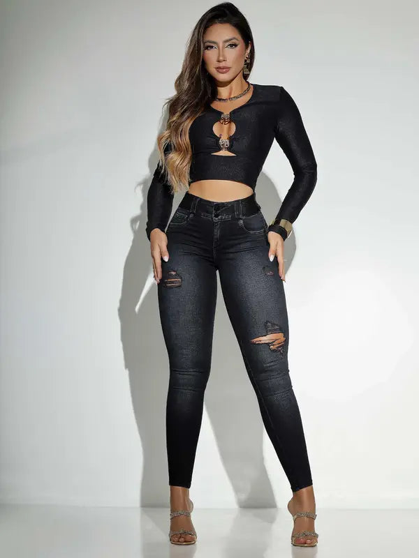 BLUSA MANGA LONGA SEXY PRETA COM DECOTE PIT BULL JEANS 83119