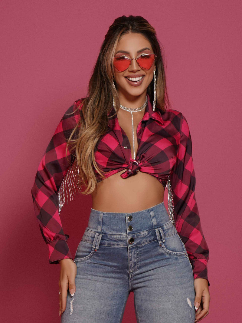 Camisa Cropped Xadrez com Franjas de Cristais Pit Bull Ref: 68198