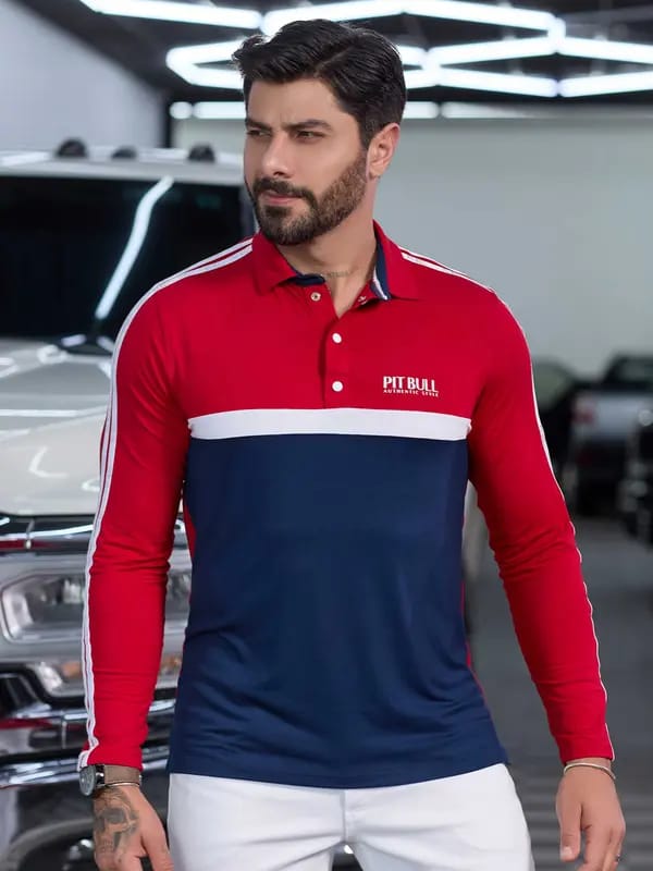 CAMISETA POLO MASCULINA SLIM MANGA LONGA COM LISTRAS 83506