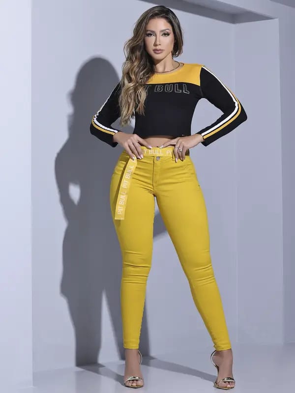CALÇA AMARELA SKINNY PIT BULL JEANS COM CINTO ESTILOSO 84361