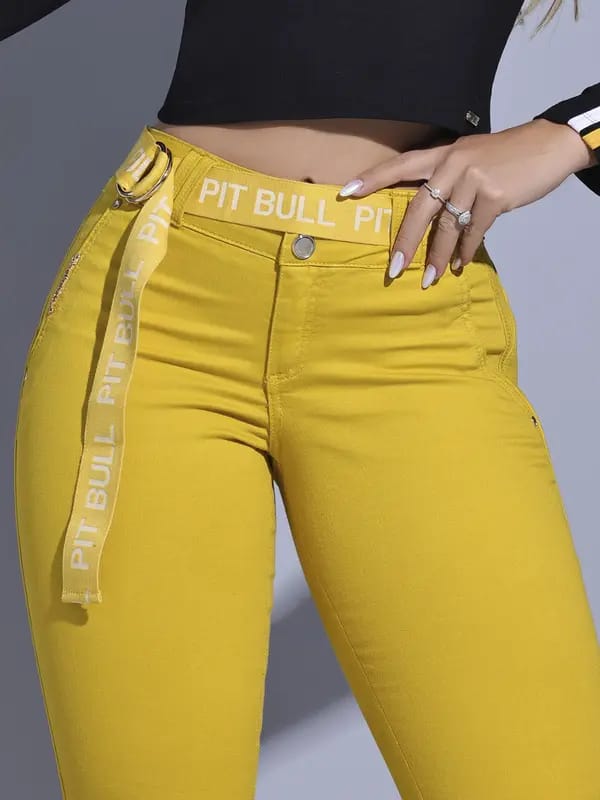 CALÇA AMARELA SKINNY PIT BULL JEANS COM CINTO ESTILOSO 84361