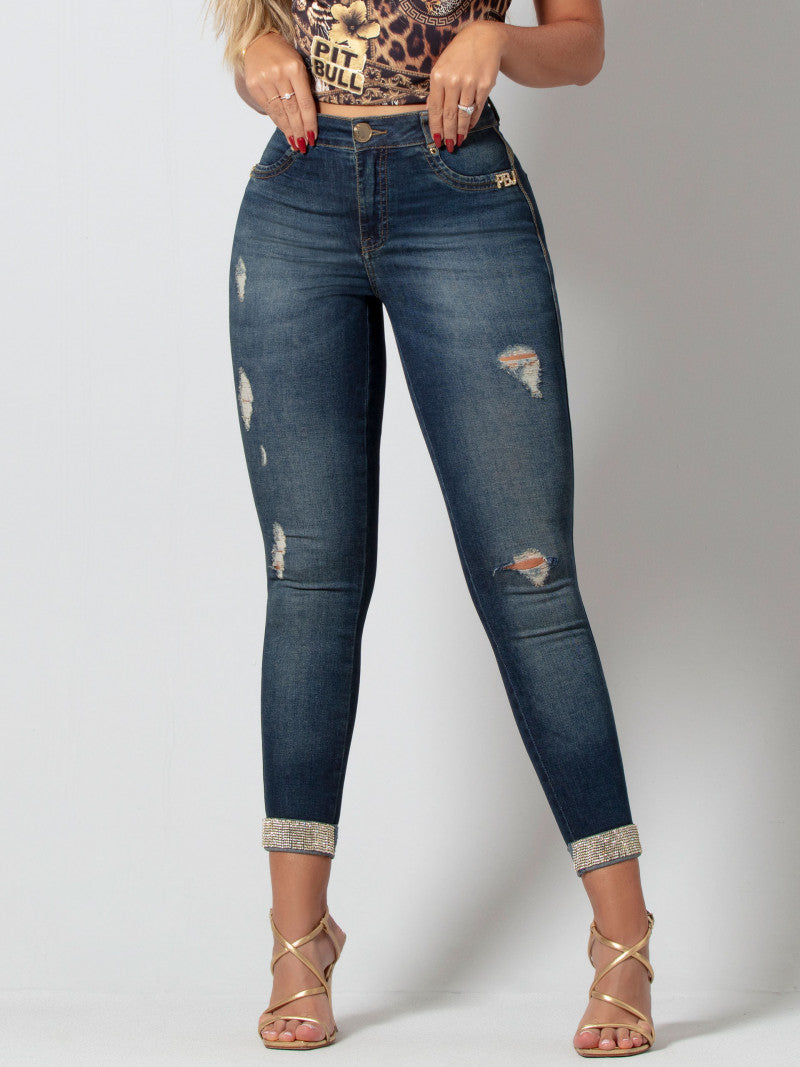 Calça Jeans Cropped com Destroyed Pit Bull Ref 64976