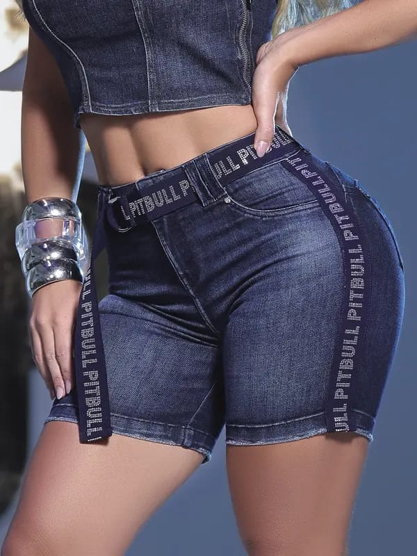 BERMUDA FEMININA JEANS CINTURA ALTA COM FAIXA LATERAL PIT BULL   REF:85237