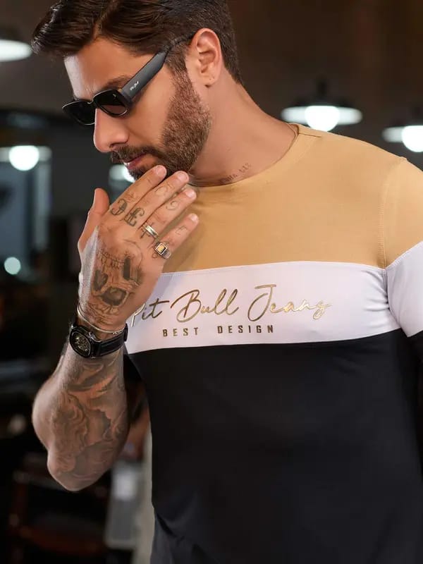 CAMISETA MASCULINA COM RECORTES GOLA O IMPACTANTE CASUAL ESTILOSA Ref: 83281