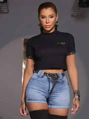 CROPPED ESTILOSO PIT BULL JEANS COM GOLA ALTA E DETALHES BRILHANTES Ref: 86055