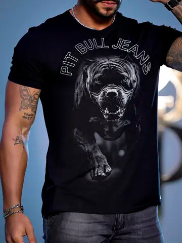 CAMISETA MASCULINA PRETA EXCLUSIVA COM ATITUDE NA ESTAMPA PIT BULL Ref: 85157
