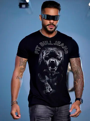 CAMISETA MASCULINA PRETA EXCLUSIVA COM ATITUDE NA ESTAMPA PIT BULL Ref: 85157
