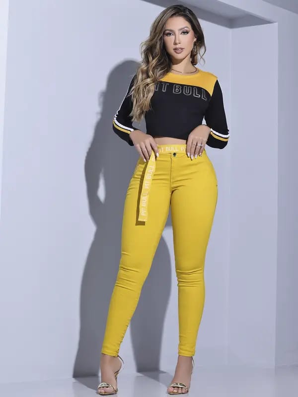 CALÇA AMARELA SKINNY PIT BULL JEANS COM CINTO ESTILOSO 84361