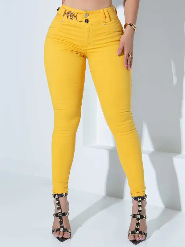 CALÇA FEMININA AMARELO DETALHES CÓS EMPINA BUMBUM 83626