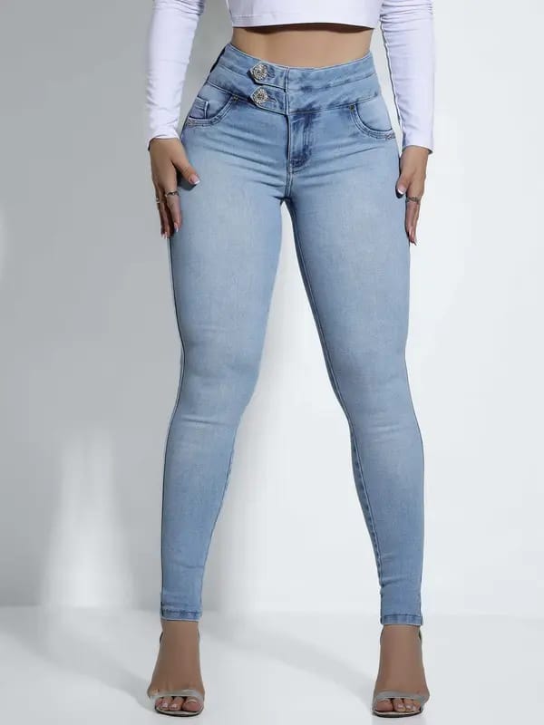 CALÇA FEMININA JEANS CLARINHO MODELADORA COM DETALHES ESPECIAIS Ref: 84786