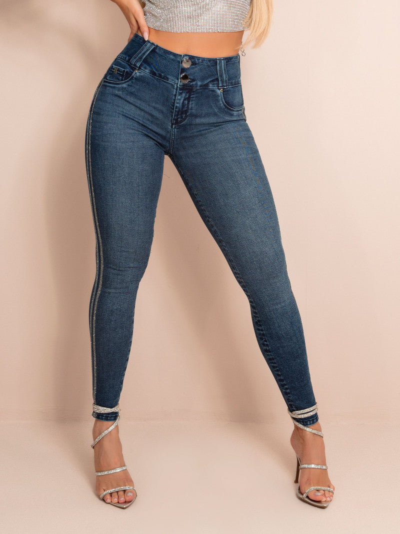 Calça Jeans Com Listras Prateadas 62564