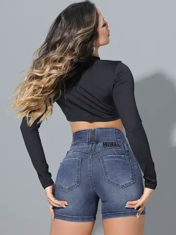 SHORT CINTURA PERFEITA PIT BULL JEANS ESTILOSO COM EFEITO EMPINA BUMBUM Ref: 87251