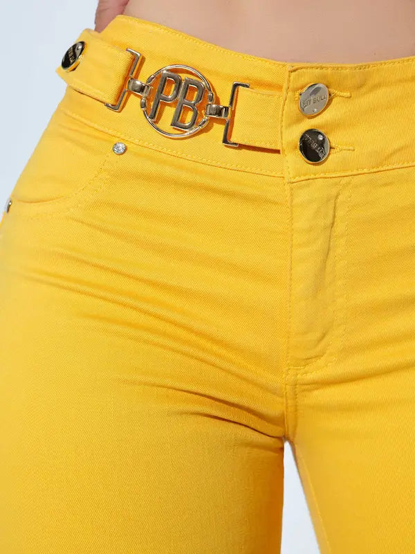 CALÇA FEMININA AMARELO DETALHES CÓS EMPINA BUMBUM 83626