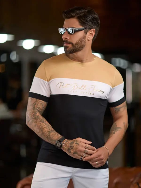 CAMISETA MASCULINA COM RECORTES GOLA O IMPACTANTE CASUAL ESTILOSA Ref: 83281