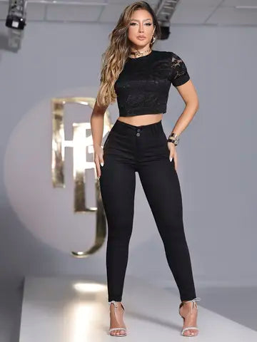CROPPED PRETO DE RENDA FLORAL COM ELÁSTICO PERSONALIZADO PIT BULL JEANS Ref: 86194
